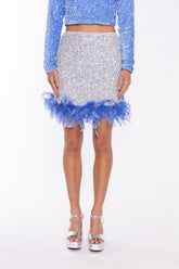 Silver-Sequin Blue Feather-Hem Mini-Skirt